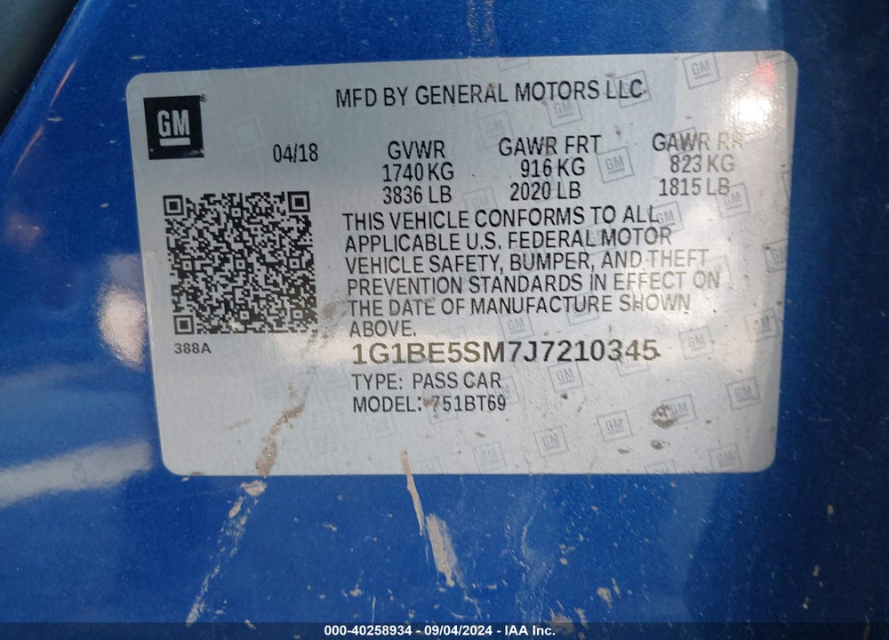 2018 CHEVROLET CRUZE LT AUTO VIN: 1G1BE5SM7J7210345