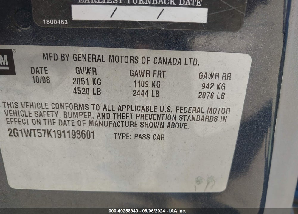 2009 CHEVROLET IMPALA LT VIN: 2G1WT57K191193601