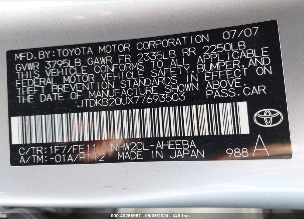 2007 TOYOTA PRIUS VIN: JTDKB20UX77693503