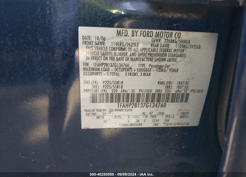2007 FORD FIVE HUNDRED LIMITED VIN: 1FAHP28137G134760