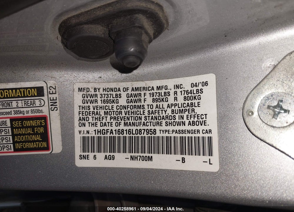2006 HONDA CIVIC EX VIN: 1HGFA16816L087958