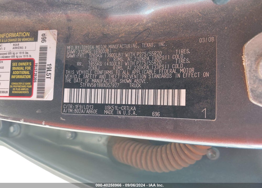 2008 TOYOTA TUNDRA LIMITED 5.7L V8 VIN: 5TFRV58188X057827