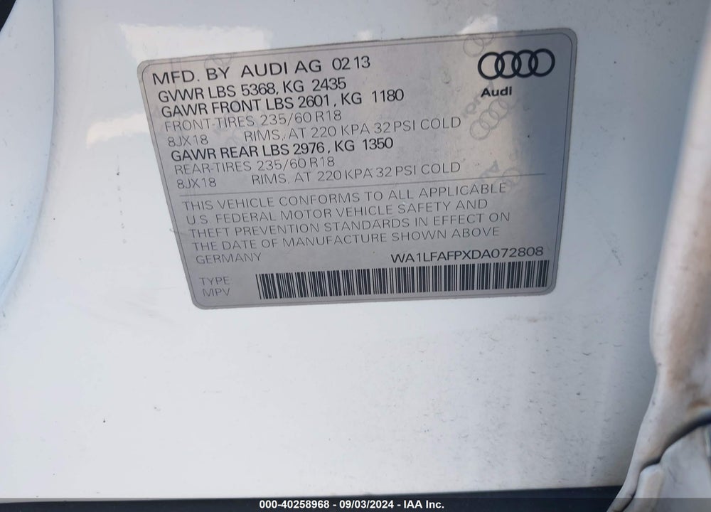 2013 AUDI Q5 2.0T PREMIUM VIN: WA1LFAFPXDA072808