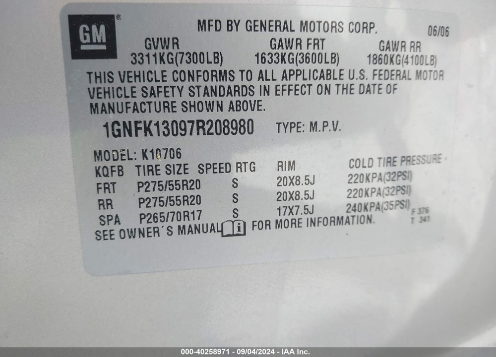 2007 CHEVROLET TAHOE LT VIN: 1GNFK13097R208980