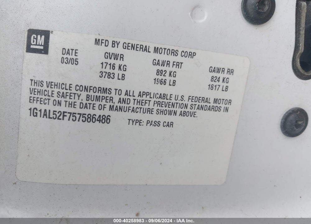 2005 CHEVROLET COBALT LS VIN: 1G1AL52F757586486