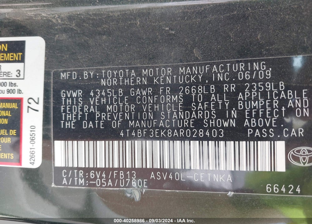 2010 TOYOTA CAMRY LE VIN: 4T4BF3EK8AR028403