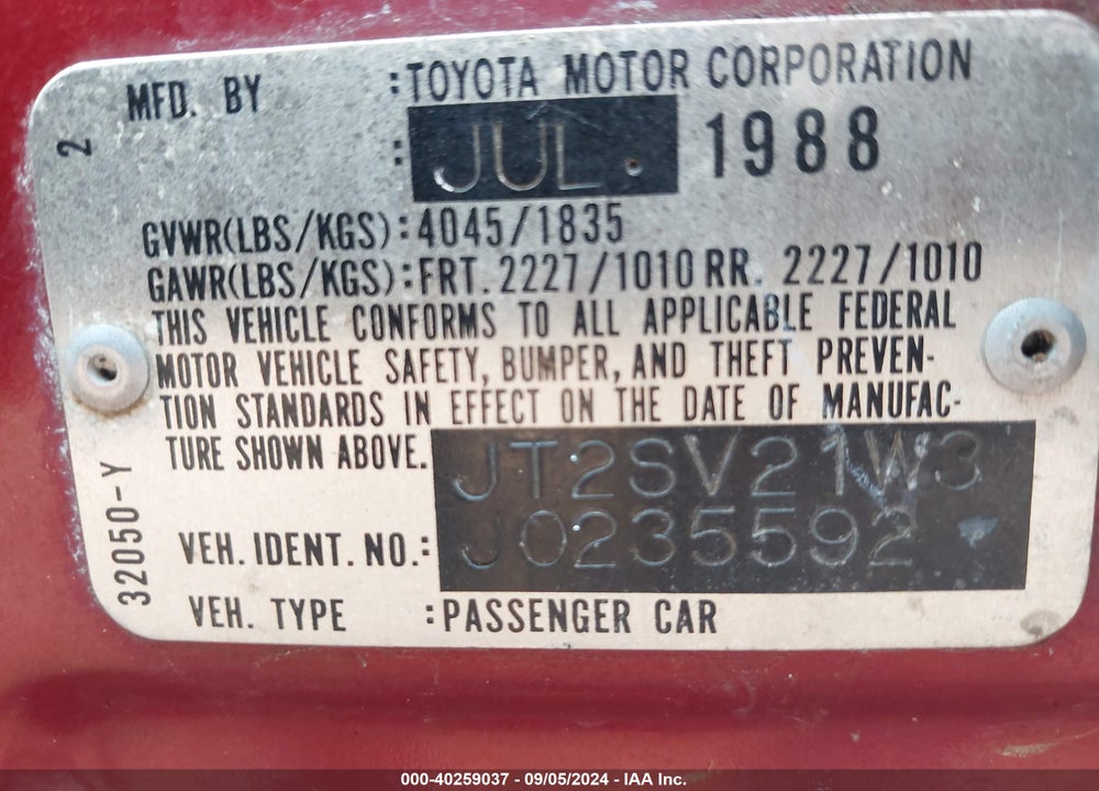 1988 TOYOTA CAMRY DLX VIN: JT2SV21W3J0235592
