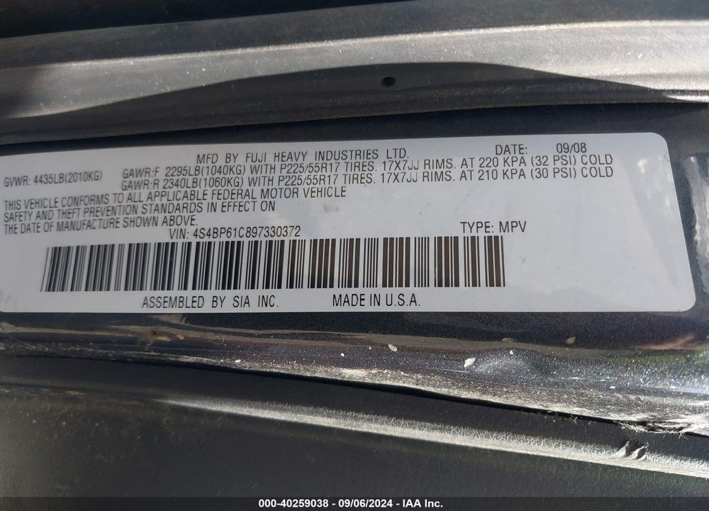2009 SUBARU OUTBACK VIN: 4S4BP61C897330372
