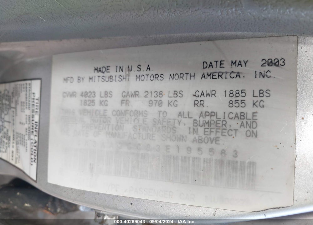 2003 MITSUBISHI GALANT VIN: 4A3AA36G83E195583