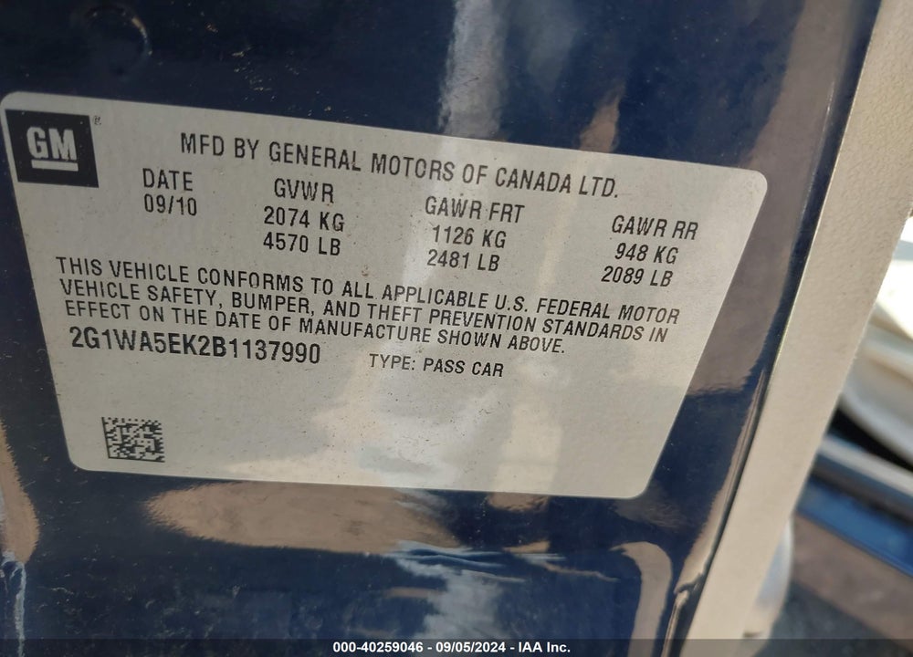 2011 CHEVROLET IMPALA LS VIN: 2G1WA5EK2B1137990