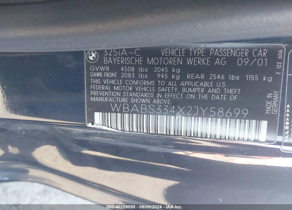 2002 BMW 325CI VIN: WBABS334X2JY58699