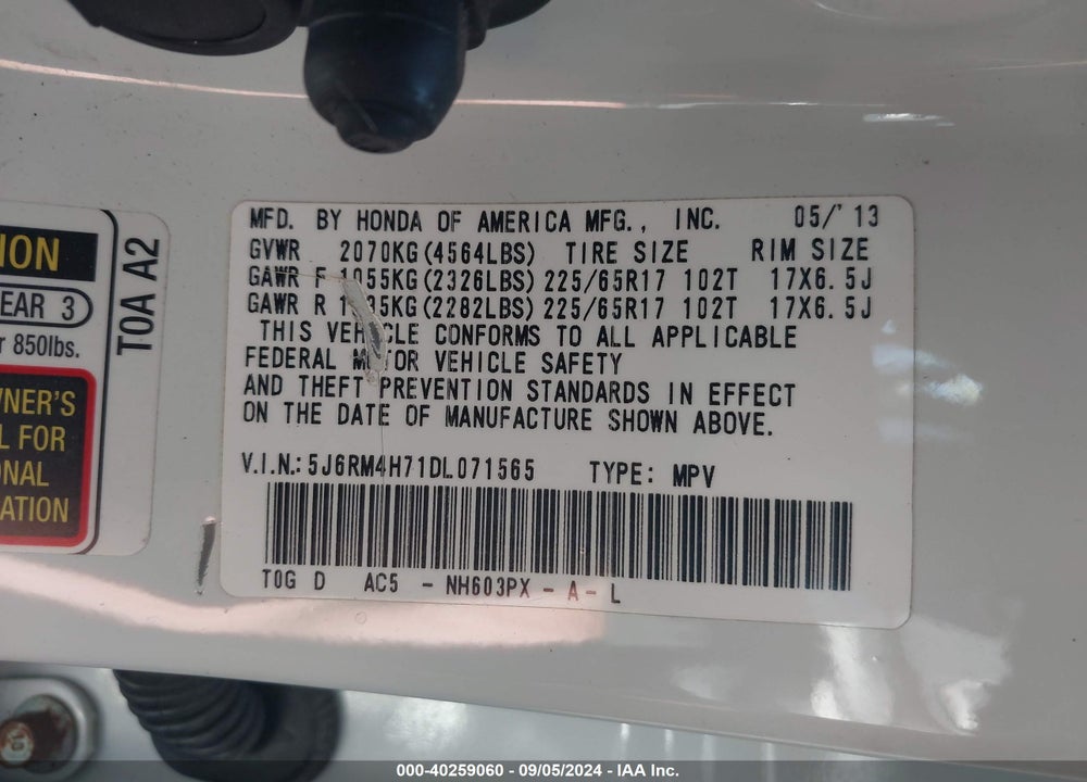 2013 HONDA CR-V EX-L VIN: 5J6RM4H71DL071565