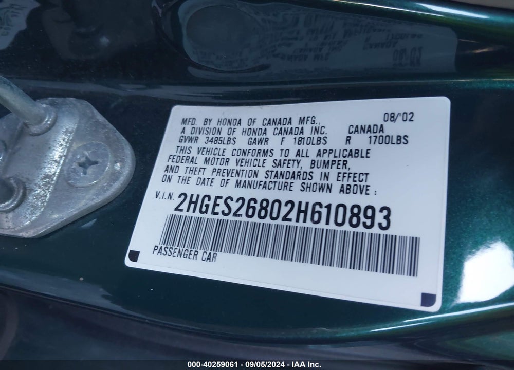 2002 HONDA CIVIC EX VIN: 2HGES26802H610893