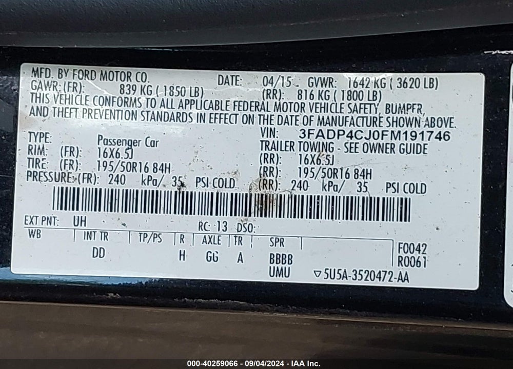2015 FORD FIESTA TITANIUM VIN: 3FADP4CJ0FM191746
