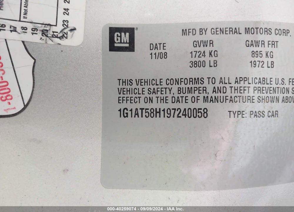 2009 CHEVROLET COBALT LT VIN: 1G1AT58H197240058