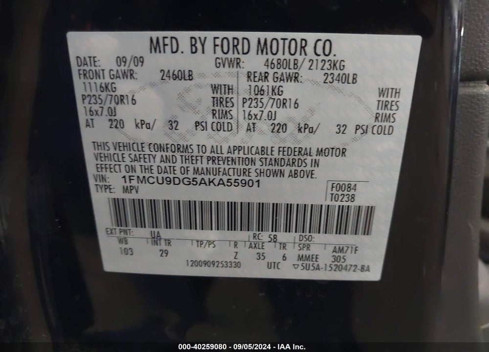 2010 FORD ESCAPE XLT VIN: 1FMCU9DG5AKA55901