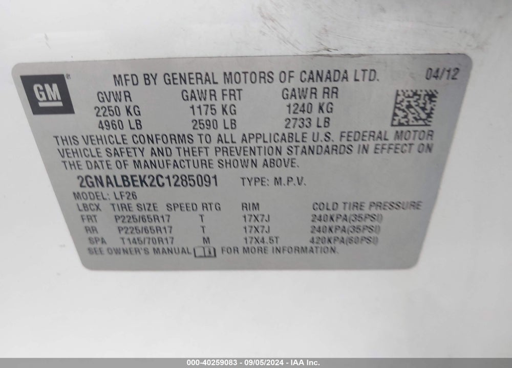 2012 CHEVROLET EQUINOX LS VIN: 2GNALBEK2C1285091