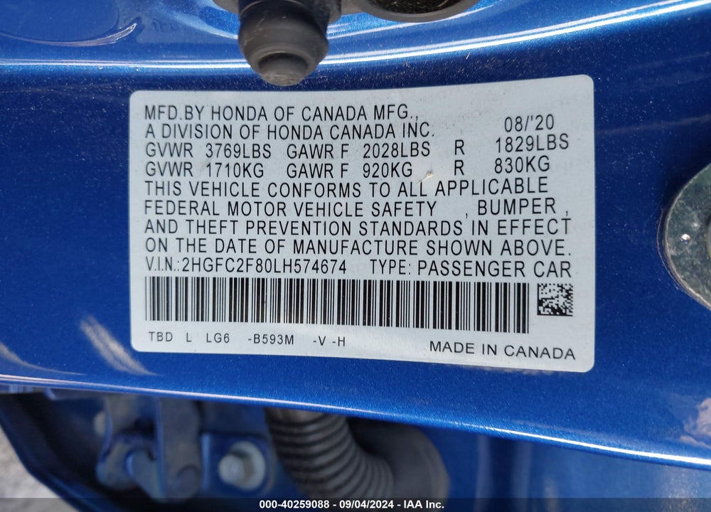 2020 HONDA CIVIC SPORT VIN: 2HGFC2F80LH574674