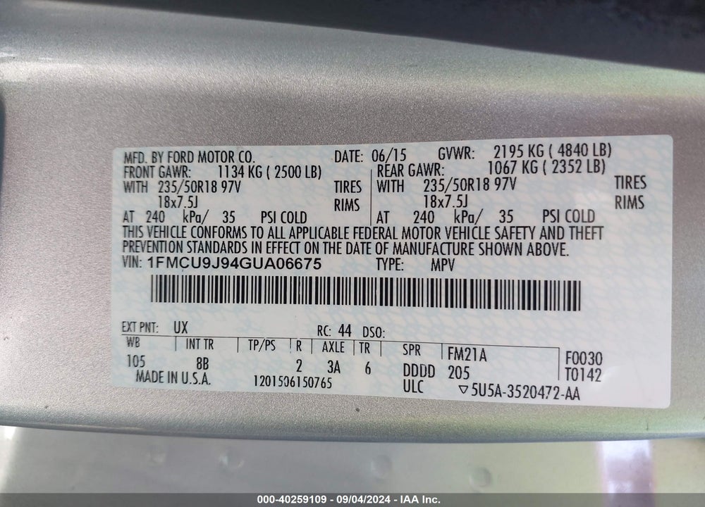 2016 FORD ESCAPE TITANIUM VIN: 1FMCU9J94GUA06675