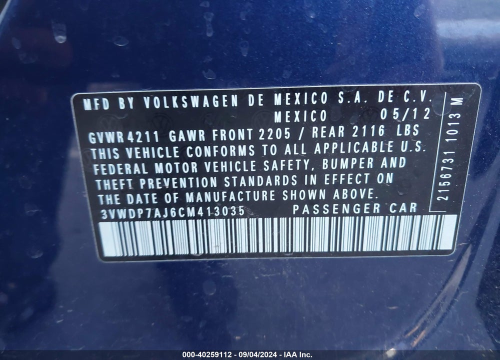 2012 VOLKSWAGEN JETTA 2.5L SE VIN: 3VWDP7AJ6CM413035