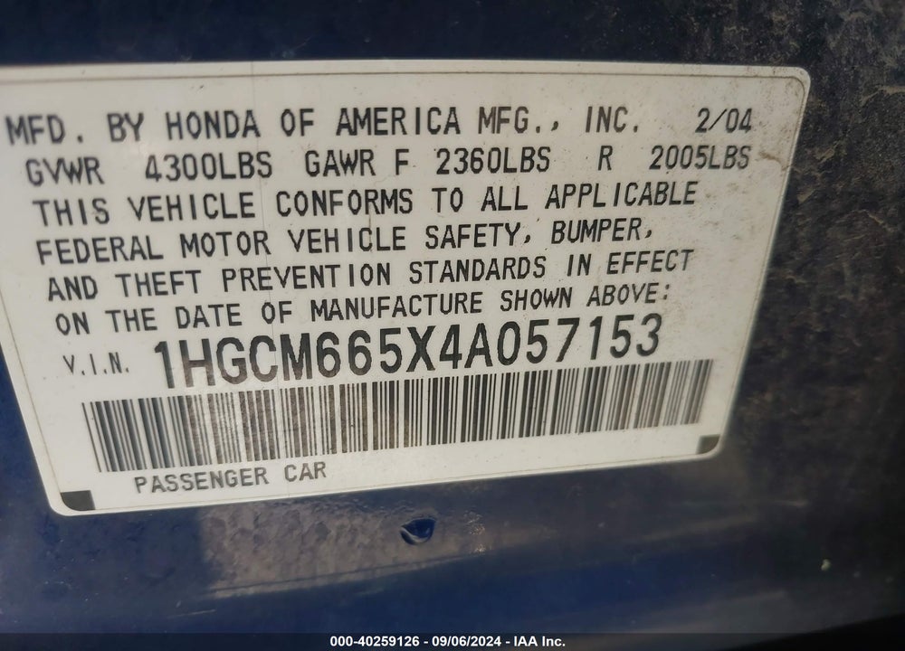 2004 HONDA ACCORD 3.0 EX VIN: 1HGCM665X4A057153