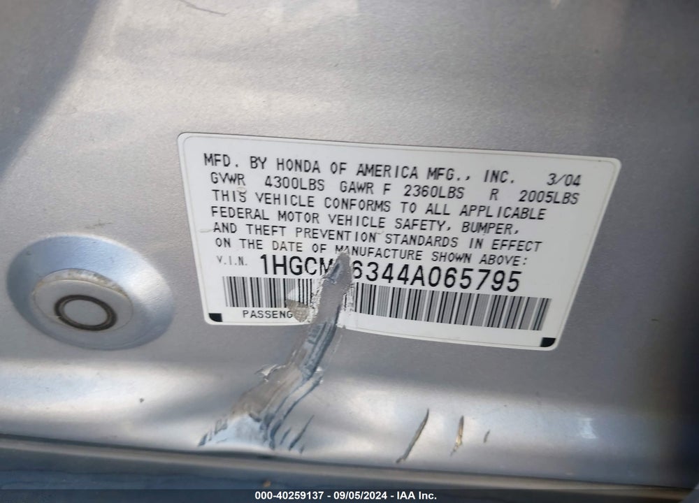 2004 HONDA ACCORD 3.0 LX VIN: 1HGCM66344A065795