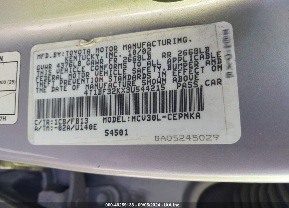 2003 TOYOTA CAMRY LE V6 VIN: 4T1BF32KX3U544215