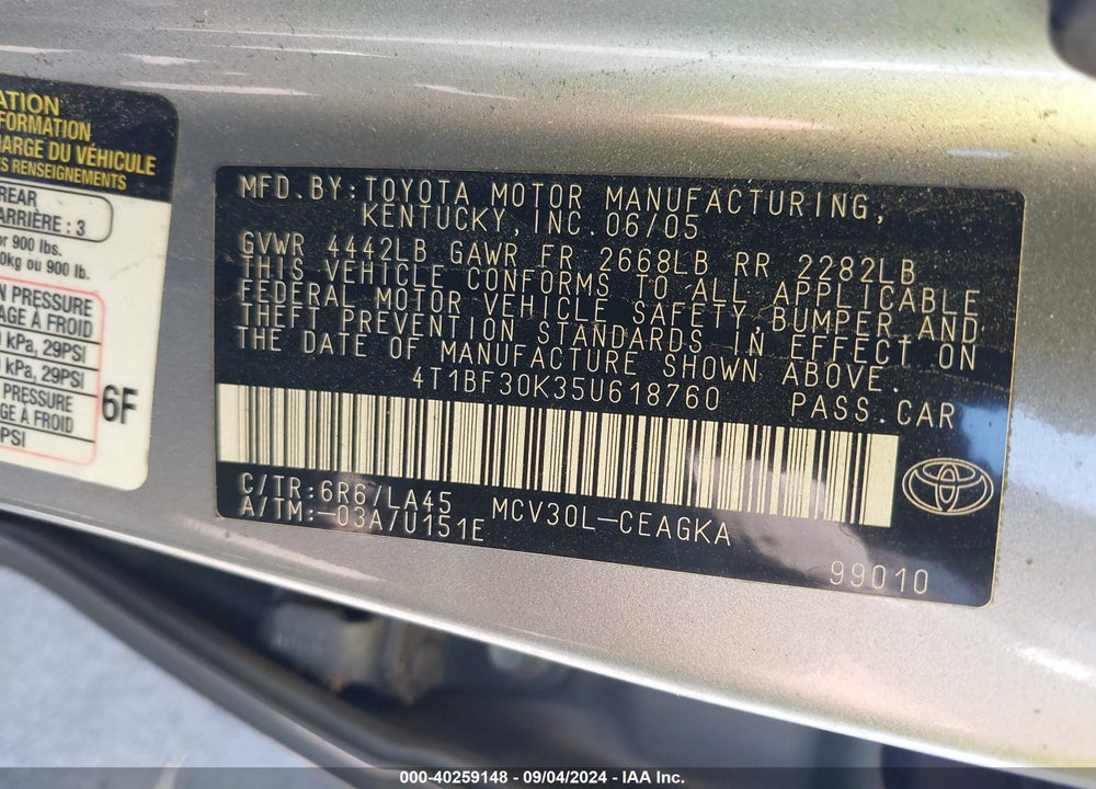 2005 TOYOTA CAMRY XLE V6 VIN: 4T1BF30K35U618760