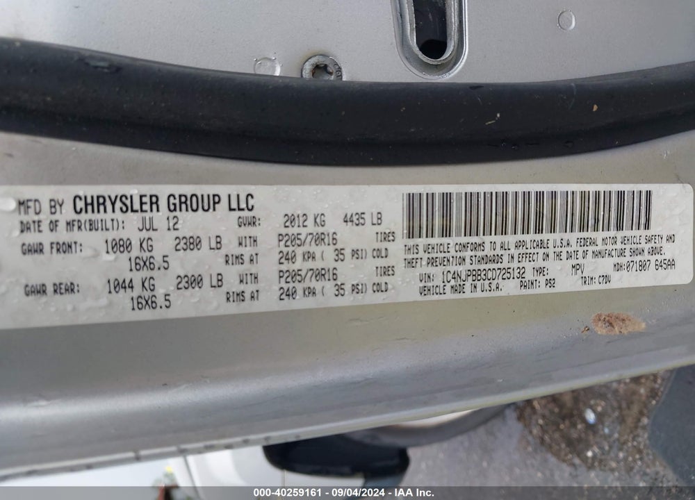 2012 JEEP PATRIOT SPORT VIN: 1C4NJPBB3CD725132