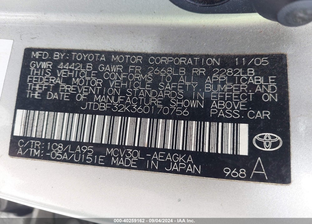 2006 TOYOTA CAMRY XLE V6 VIN: JTDBF32K360170756