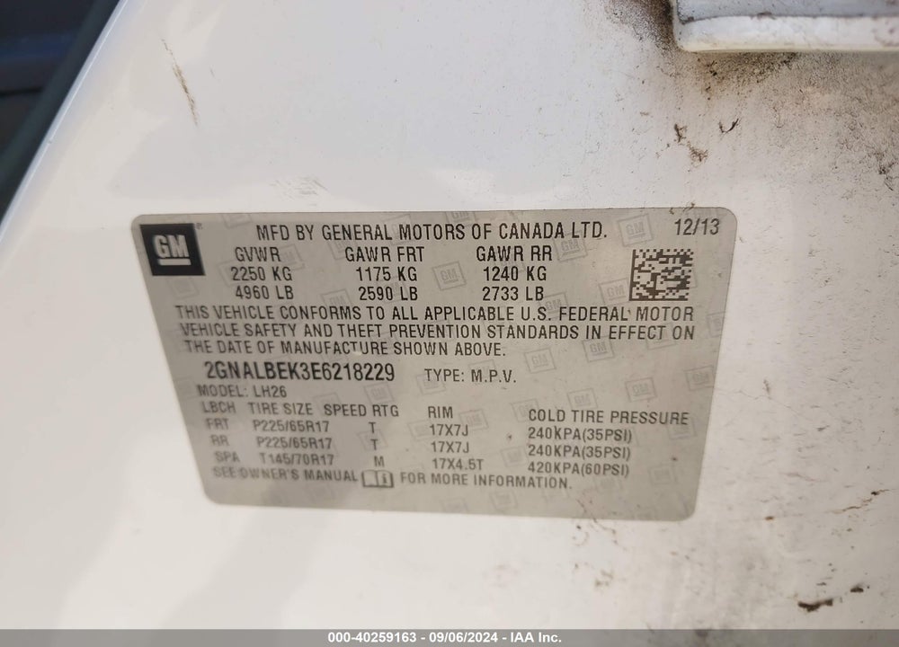 2014 CHEVROLET EQUINOX 1LT VIN: 2GNALBEK3E6218229