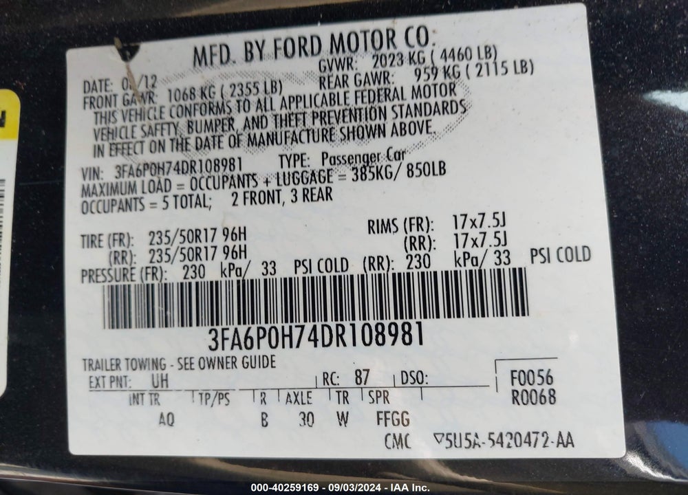 2013 FORD FUSION SE VIN: 3FA6P0H74DR108981