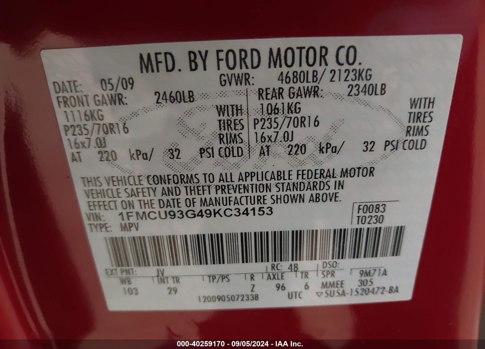 2009 FORD ESCAPE XLT VIN: 1FMCU93G49KC34153