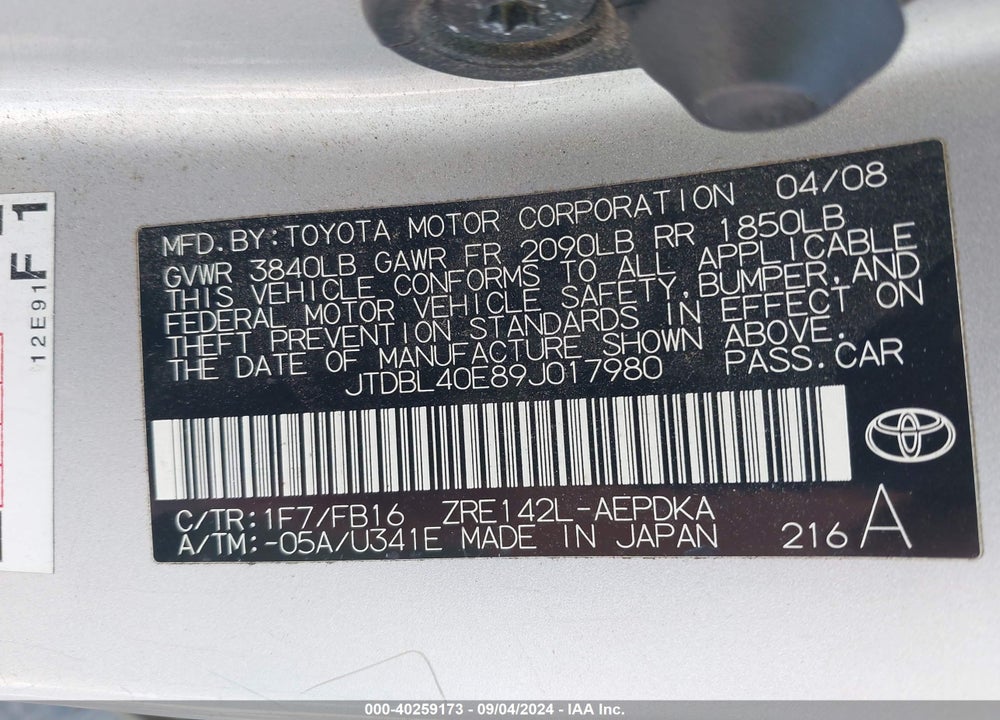 2009 TOYOTA COROLLA LE VIN: JTDBL40E89J017980