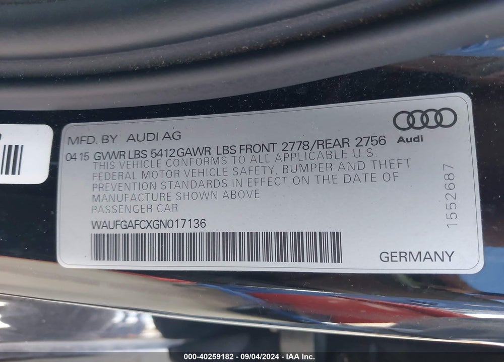 2016 AUDI A6 3.0T PREMIUM PLUS VIN: WAUFGAFCXGN017136