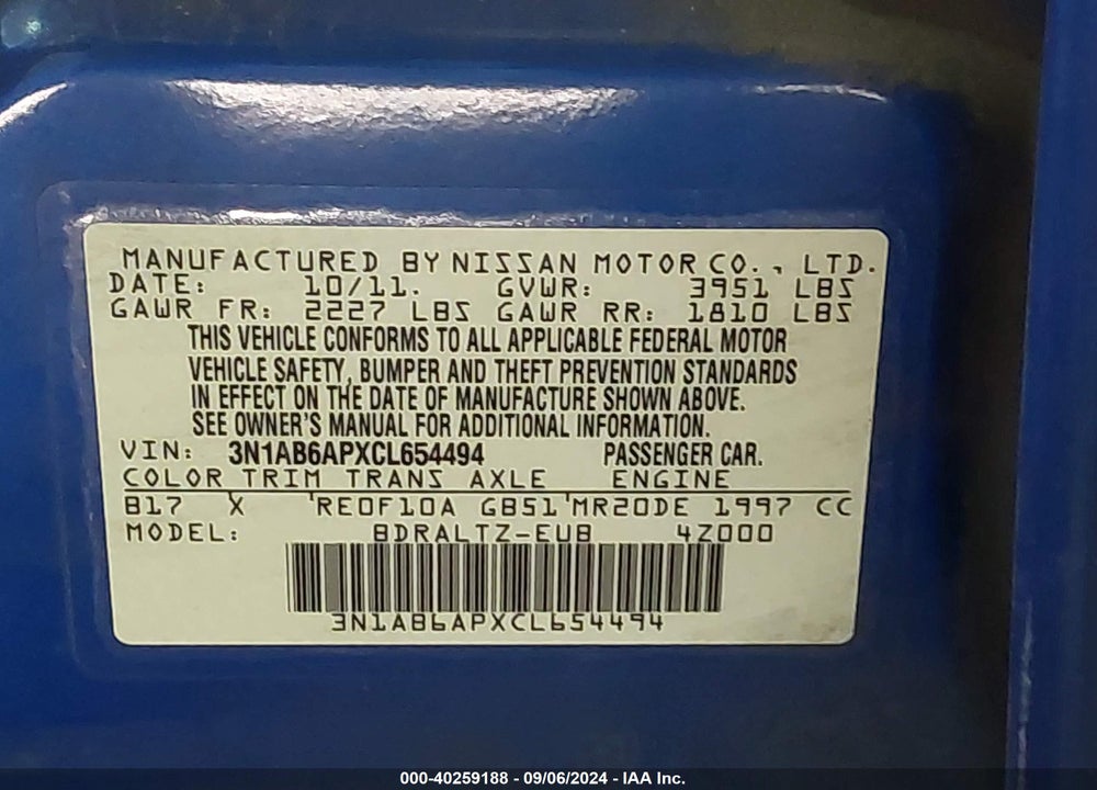 2012 NISSAN SENTRA 2.0 SR VIN: 3N1AB6APXCL654494