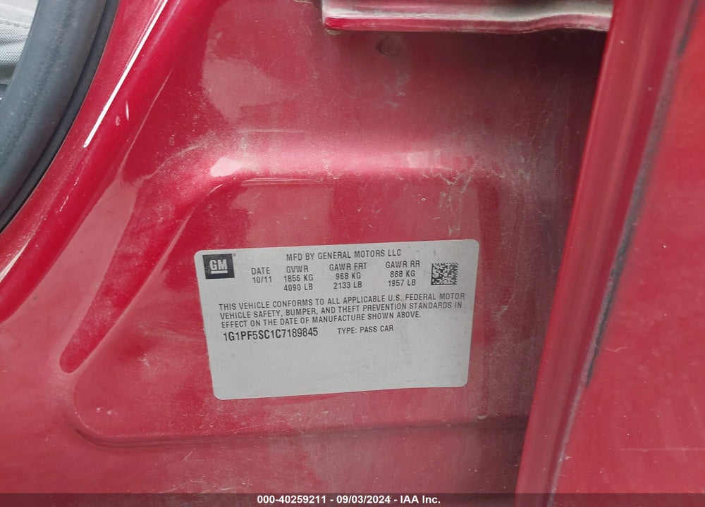 2012 CHEVROLET CRUZE 1LT VIN: 1G1PF5SC1C7189845
