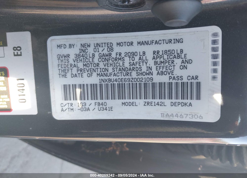 2009 TOYOTA COROLLA VIN: 1NXBU40E69Z002109