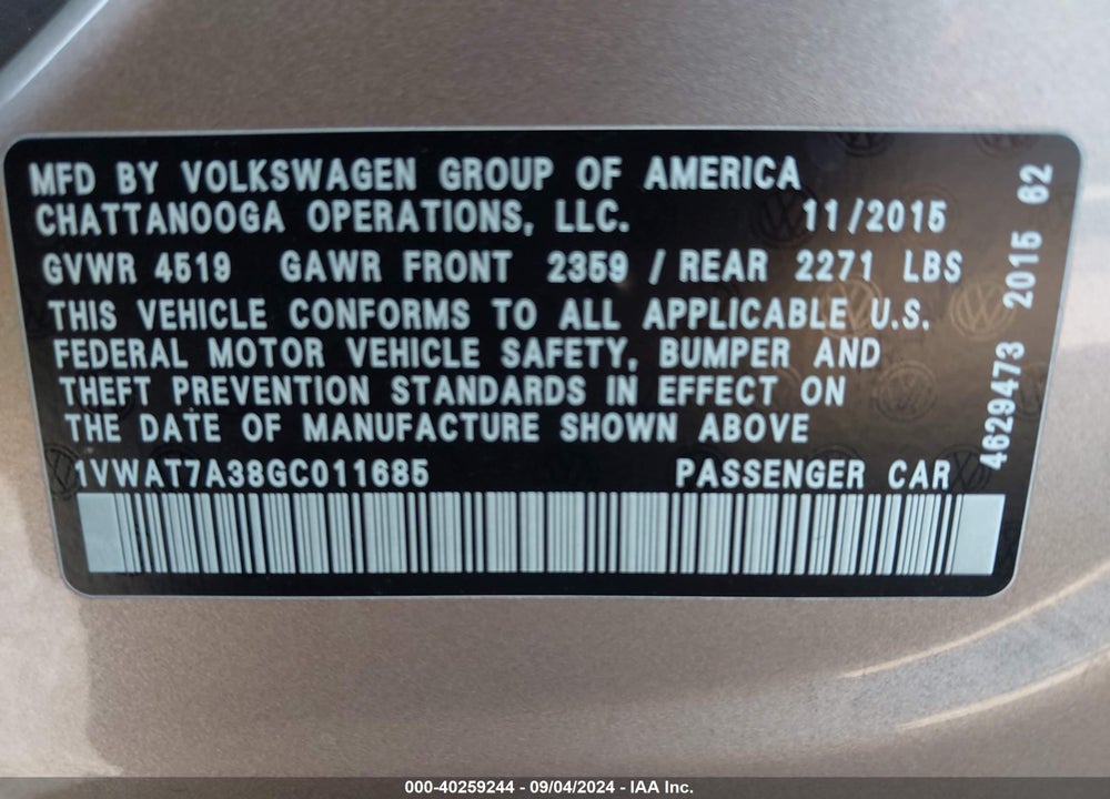 2016 VOLKSWAGEN PASSAT 1.8T S VIN: 1VWAT7A38GC011685