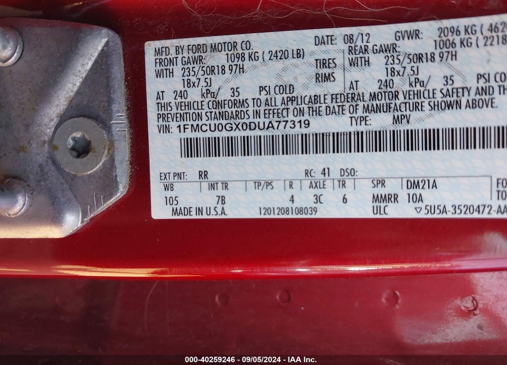 2013 FORD ESCAPE SE VIN: 1FMCU0GX0DUA77319