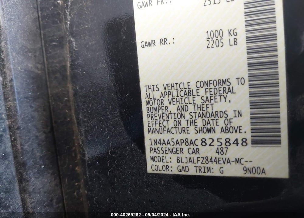 2010 NISSAN MAXIMA VIN: 1N4AA5AP8AC825848