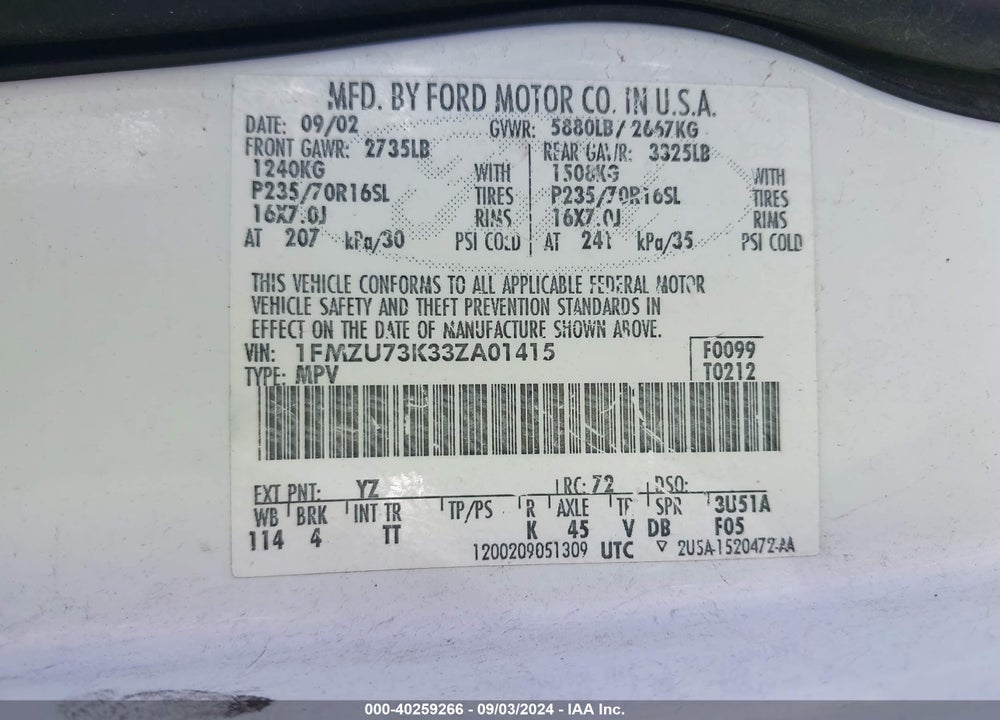 2003 FORD EXPLORER NBX/XLT VIN: 1FMZU73K33ZA01415