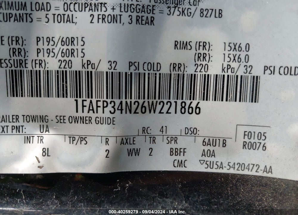 2006 FORD FOCUS ZX4 VIN: 1FAFP34N26W221866