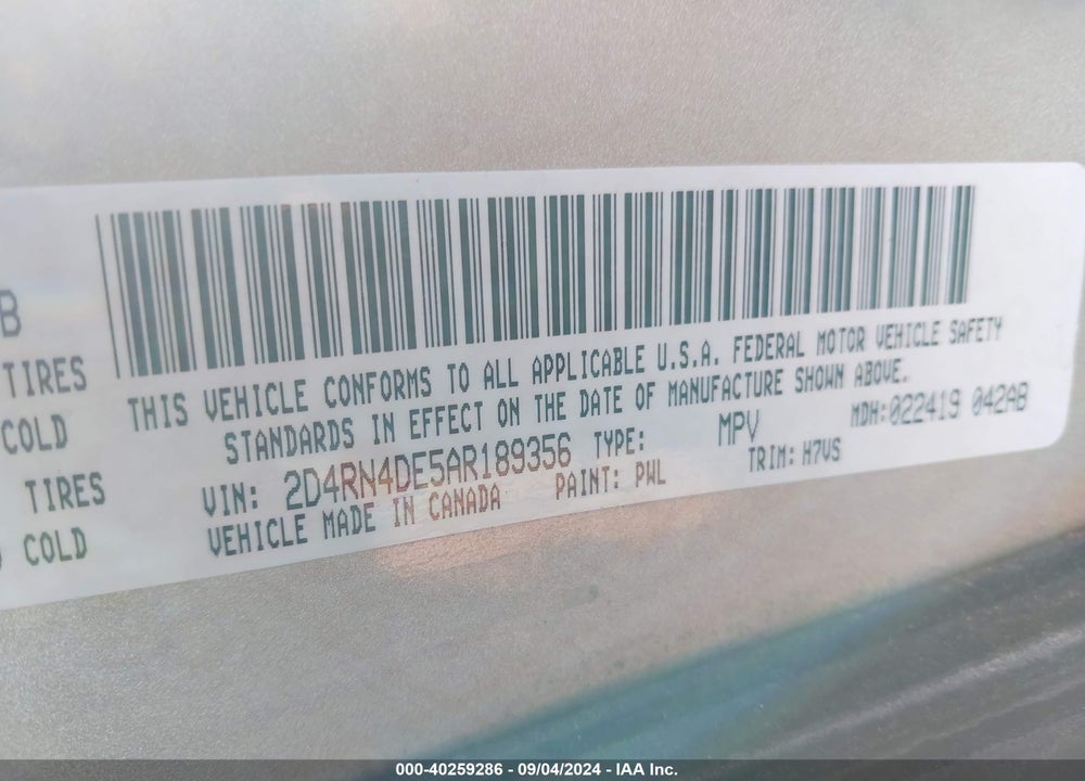 2010 DODGE GRAND CARAVAN VIN: 2D4RN4DE5AR189356