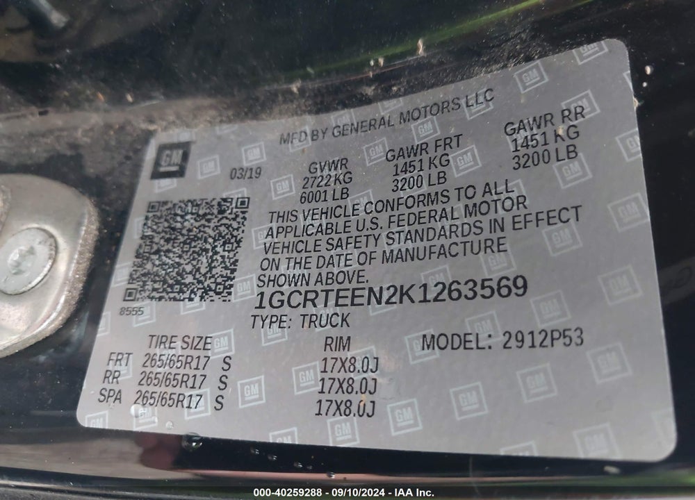 2019 CHEVROLET COLORADO ZR2 VIN: 1GCRTEEN2K1263569