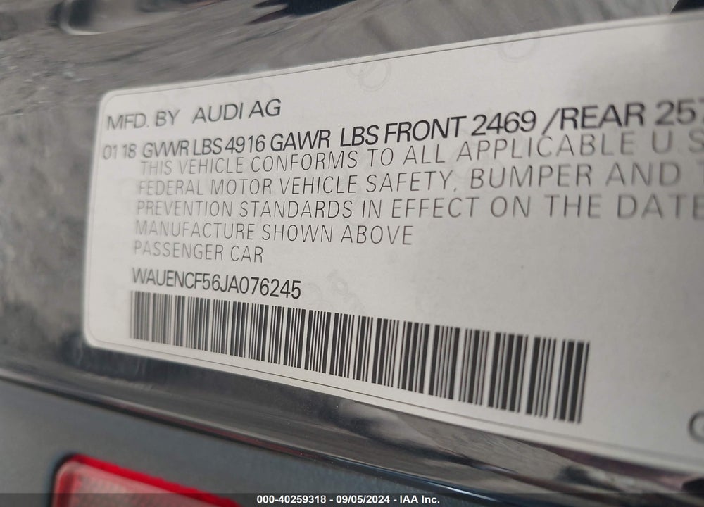 2018 AUDI A5 2.0T PREMIUM VIN: WAUENCF56JA076245