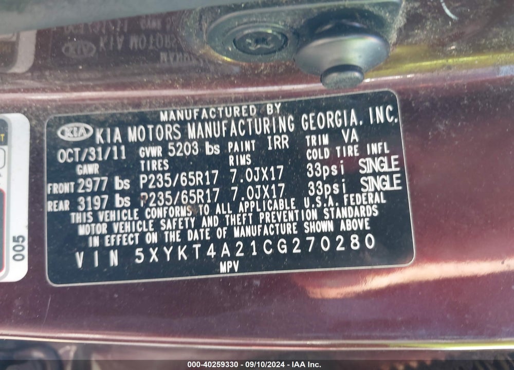 2012 KIA SORENTO LX V6 VIN: 5XYKT4A21CG270280