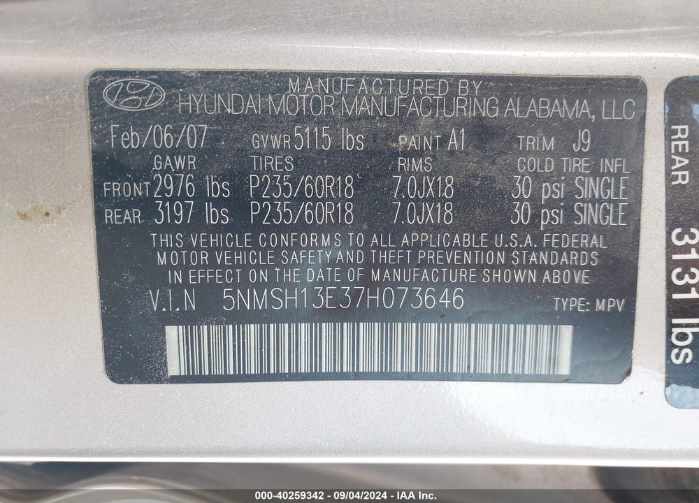 2007 HYUNDAI SANTA FE LIMITED/SE VIN: 5NMSH13E37H073646