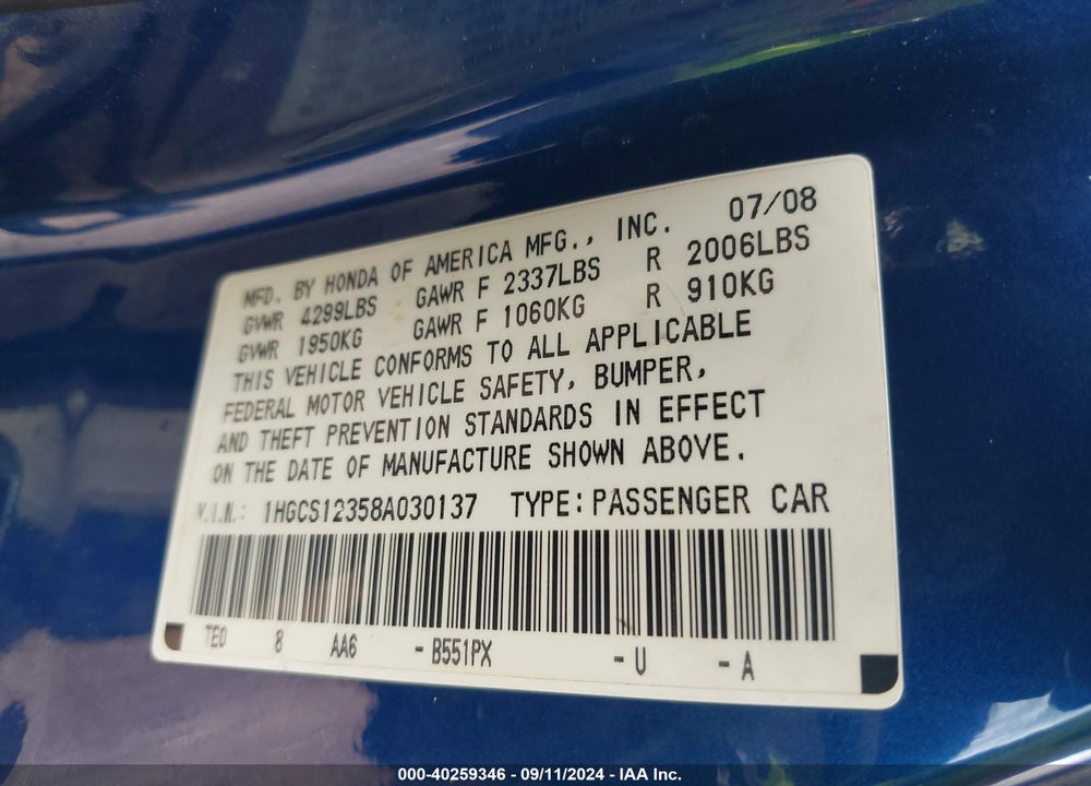 2008 HONDA ACCORD 2.4 LX-S VIN: 1HGCS12358A030137