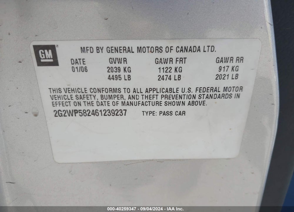 2006 PONTIAC GRAND PRIX VIN: 2G2WP582461239237